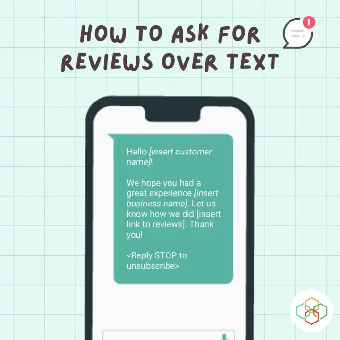 How to ask for reviews over text with an image below with a pone displaying green a text message