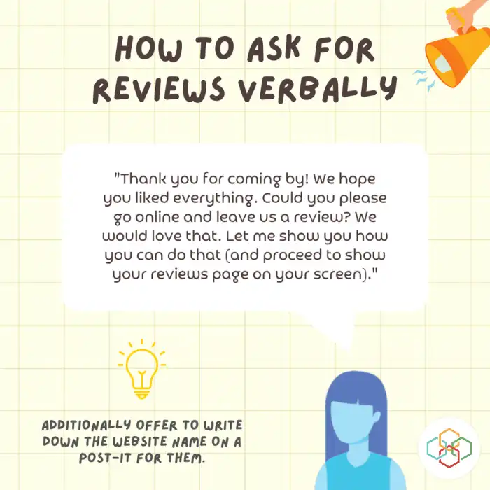 How to ask for reviews verbally text over an image of a woman saying "Thank you for coming by! We hope you liked everything. Could you please go online and leave us a review? We would love that. Let me show you how you can do that (and proceed to show your reviews page on your screen)."