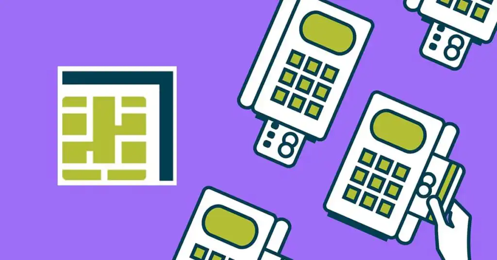 Illustrations of credit card processing machines on a purple background
