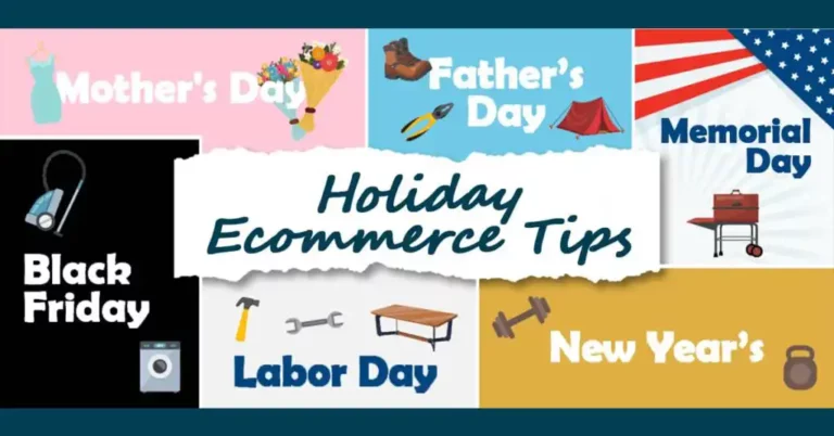 "Holiday Ecommerce Tips" title with several holidays and common sales items. Holiday sales include Mothers & Fathers Day, Memorial Day, Black Friday, Labor Day, and New Year.