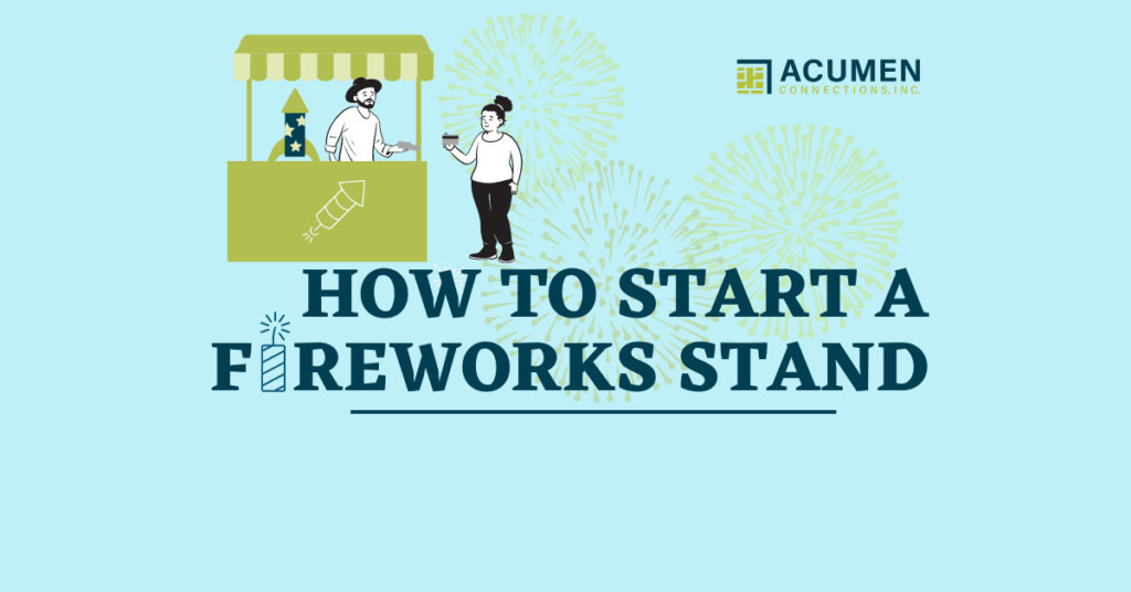 Cartoon graphic of woman using a credit card to make a purchase at a firework stand. Text