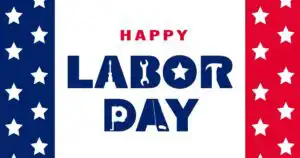 "Happy Labor Day" post idea. The inside of the letters are built with white cutouts of tools. On either side of the text is a banner of white stars on top of a blue and red background.