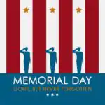 "Memorial Day" social media post idea with three men saluting on top of a red and white background