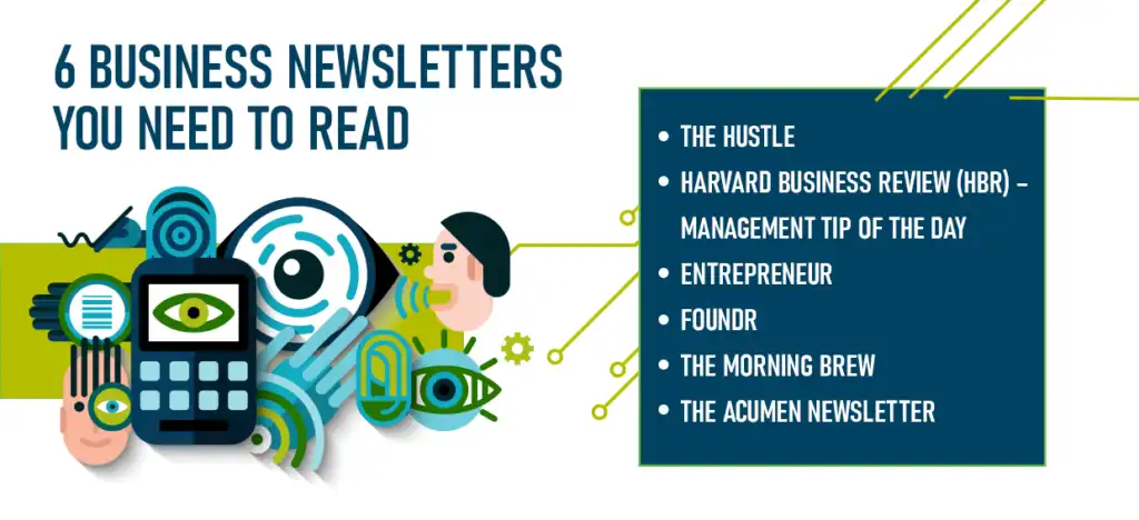 Blue text "6 business newsletters you need to read" on a white background. A blue and green graphic of eyes, hands, ears, calculators, talking, and gears. Image lists out the 6 business newsletters listed below. 