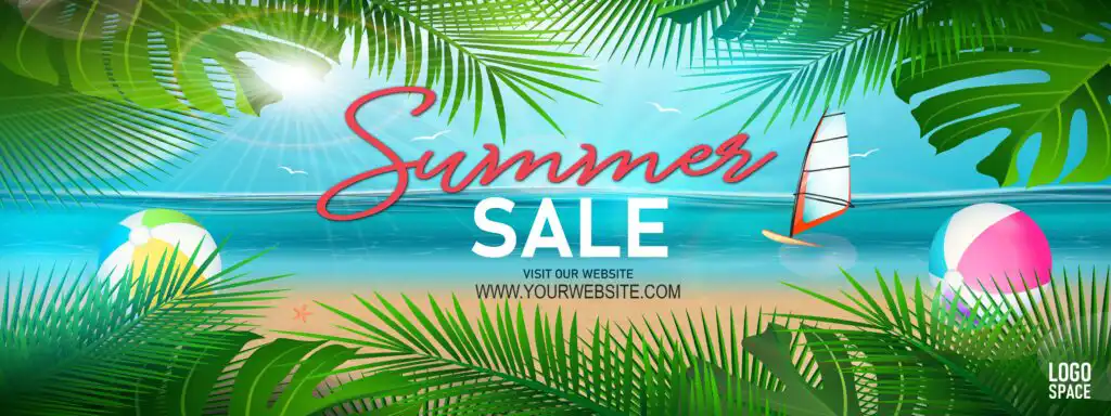 4th of July ad template with summer imagery. Picture of a beach with plants. Text says "Summer sale. Visit our site." There's a place to add a website link and a logo. 