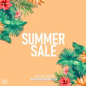 Instagram-sized 4th of July ad template. Orange background with plant graphics in corners. Text says "Summer sale. Visit our website." There's a place to add a link and a logo. 