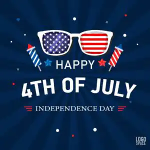 Instagram sized 4th of july social media template. Blue background with red white and blue sunglasses and fireworks imagery. Text says "Happy 4th of July. Independence Day." 