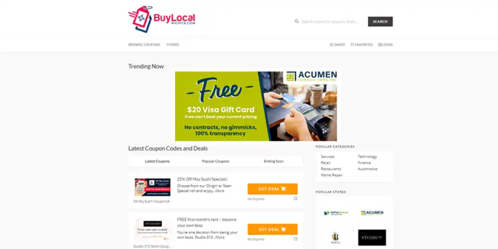 Screenshot of Buy Local Wichita website - lists coupons from several local Wichita businesses