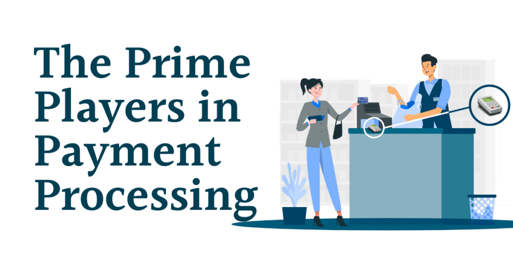 Cartoon of woman buy groceries using a credit card. Blue text says "The prime players in payment processing"