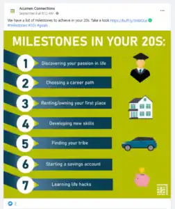 Screenshot of Facebook post with "Milestones in your 20s" picture listed earlier