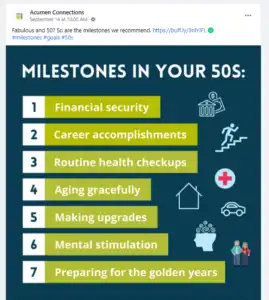 Screenshot of Facebook post of "milestones in your 50s" graphic