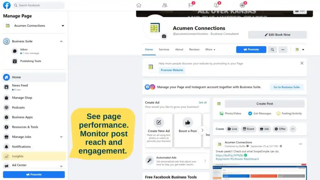 Screenshot of Facebook page with highlight on where to find the insights link. 