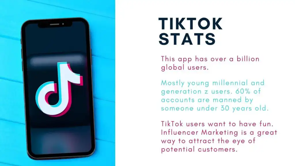 Image of phone with TikTok logo on it. Blue and pink text on white background says "Titktok stats". Image lists out that TikTok has over 1B users, 60% of which are 30 and under. Influencer marketing is the way to go on TikTok