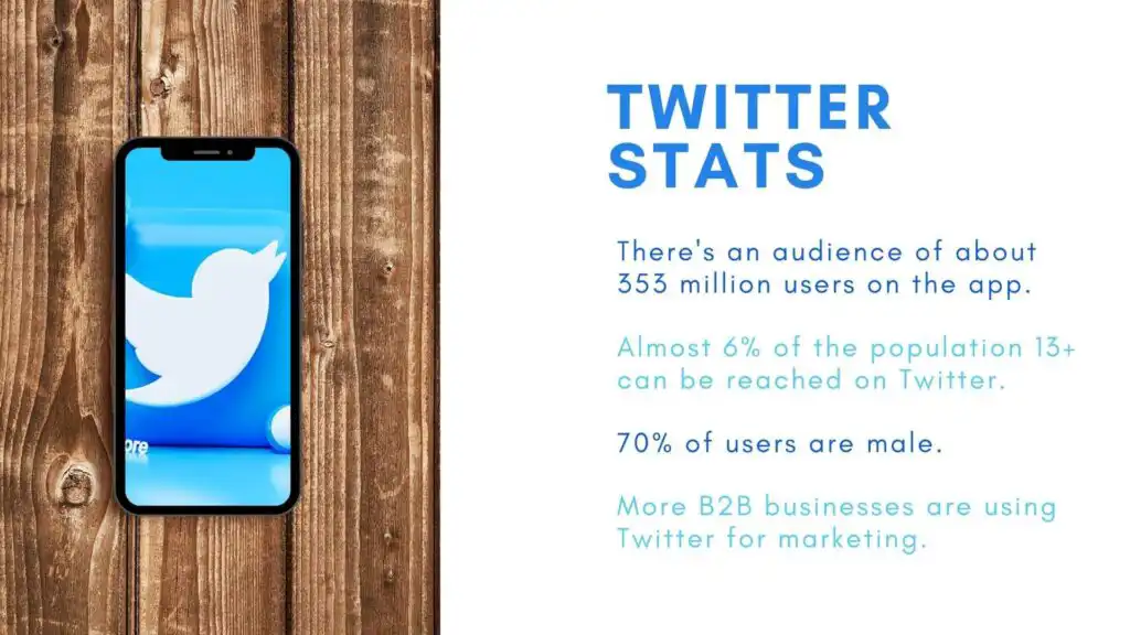 Image of phone with twitter logo. Blue text on white background says "twitter stats" and lists our statistics such as how there's 353M users that are 70% male. B2B businesses are using Twitter for marketing. 6% of the population of 13+ year olds can be reached on Twitter.