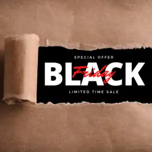 Black Friday marketing template for Instagram post. Brown wrapping paper being peeled to reveal a black rectangular panel that says special offer in uppercase and small font at the top, the word black in white and uppercase large font while the word Friday rests on it in red font and cursive. Uppercase small font says limited time sale at the bottom.