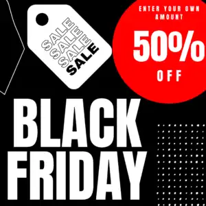 White text on black background says Black Friday 50% off