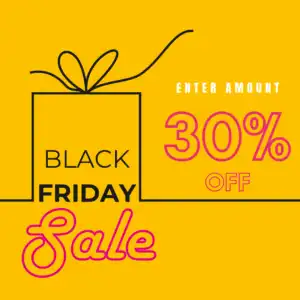 Black Gift Box with outlined font that says Black Friday Sale 30% off