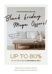 Polaroid photo of couch on white background. Hand-written text over the image says Black Friday Mega Offers!