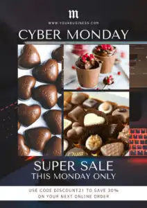 Chocolate store customizable Cyber Monday flyer. White text on dark background says Cyber Monday Super Sale