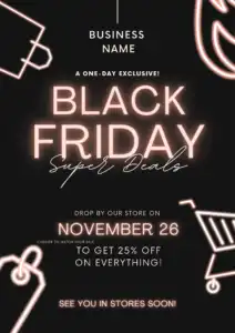 Neon pink text on black background says Black Friday Super Deals