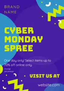 Yellow text on purple background says Cyber Monday Spree