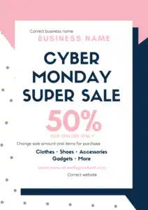 White rectangle stands out on top of pink, blue and polka dot background. Blue and pink text in the foreground say Cyber Monday Super Sale