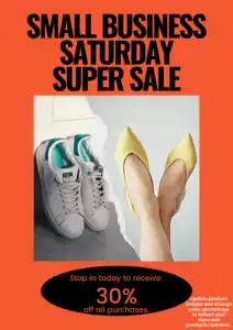 Red poster with black text and picture of shoes says Small Business Saturday Super Sale