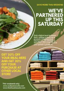 Green and brown background showcase an image of food served on a plate, and an image of a stack of shirts on display in a store. White text in the foreground says We've Partnered Up This Saturday