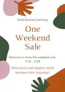 Pink, orange, and green image surround text of the same colors. All of it is against a white background. The text says One Weekend Sale