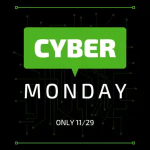 Cyber Monday graphic that shows a green chat bubble that has the word Cyber in it