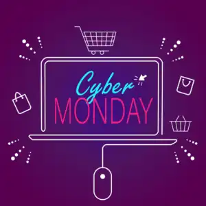 Line Drawn graphic of a laptop depicting online shopping reads Cyber Monday in fancy font