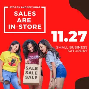 Teenage Girls standing in front of a red background looking inside shopping bag and white letters that say Sales Are In Store 11.27