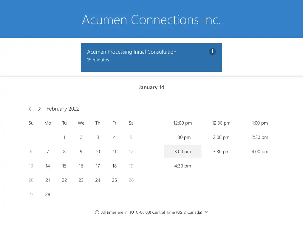 Acumen Connections scheduling calendar