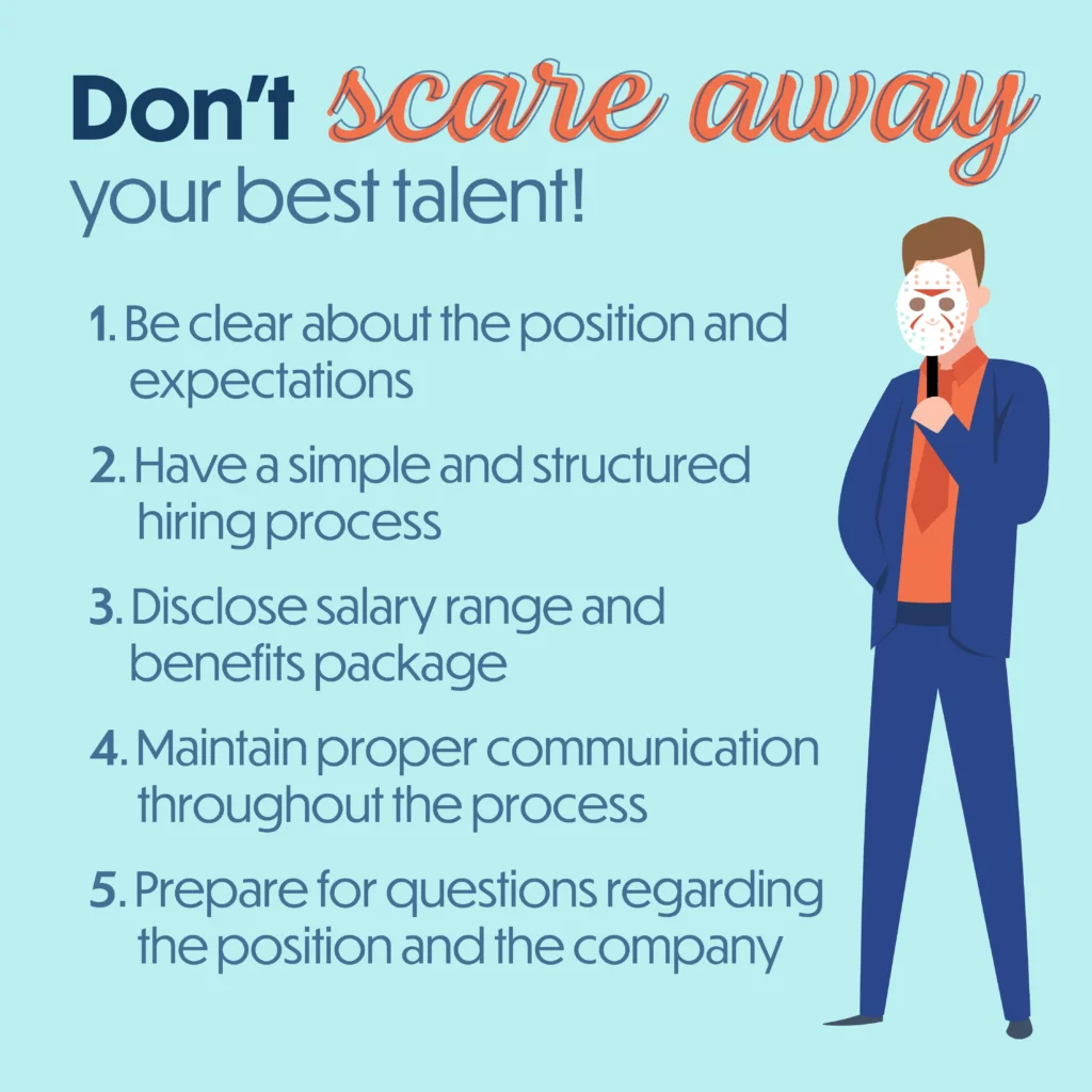 Man in blue suit with scary Halloween mask. Text “Don’t scare away your best talent!” With 5 tips outlined below