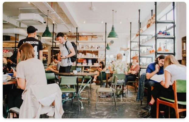 A bustling cafe of happy customers