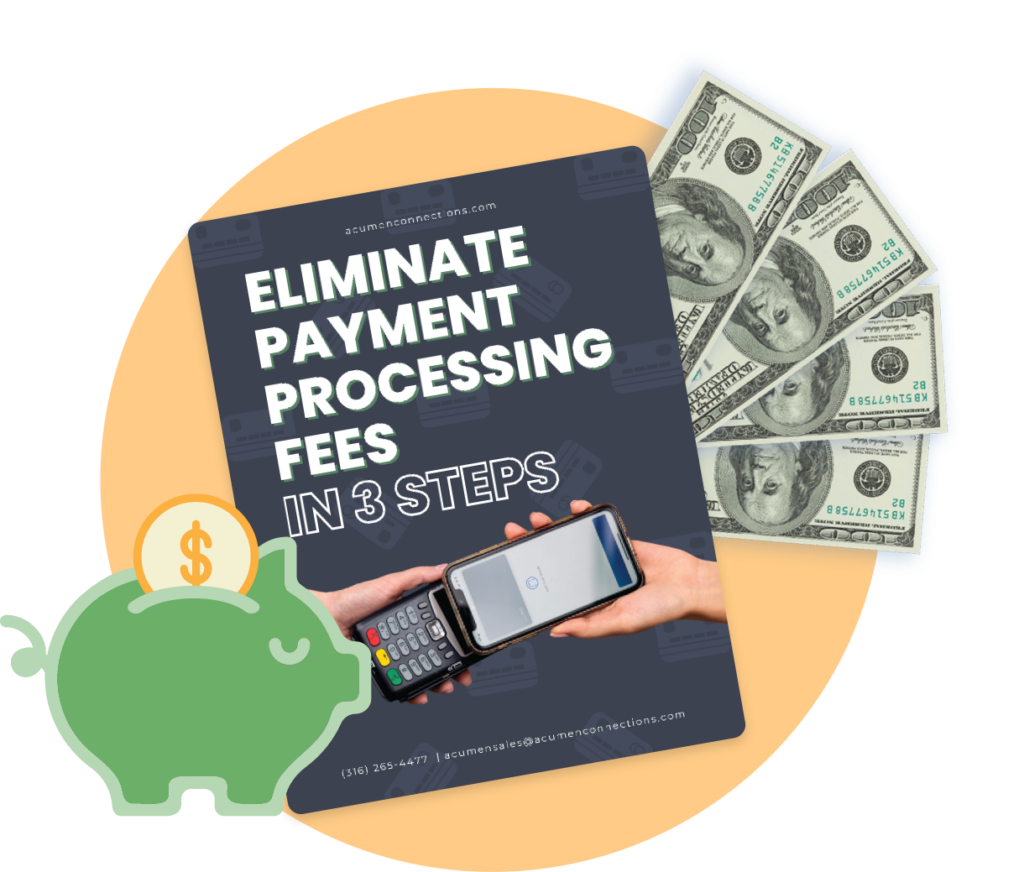 A collage of a green piggy bank, a poster than says "Eliminate payment processing fees in 3 steps" with a hand tapping a phone on a mobile card reader and the phone number 316-265-4477 and the email address acumensales@acumenconnections.com, and finally 4 $100 bills fanned out against a yellow circle background