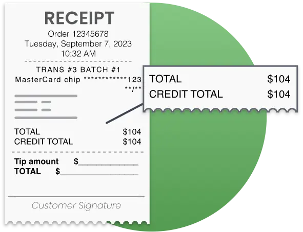 Total receipt in front of a green circle