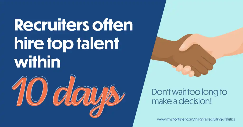 Hand shake deal. Text “Recruiters often hire top talent with 10 days”