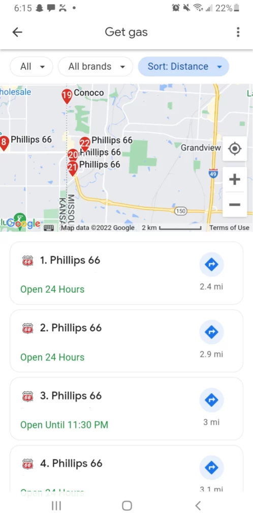 Screenshot of an Android phone following similar instructions to those above. They’re shown a list of gas stations in their area that accept Google Pay nearby. The gas stations are displayed on a map, and as a list they can scroll through.