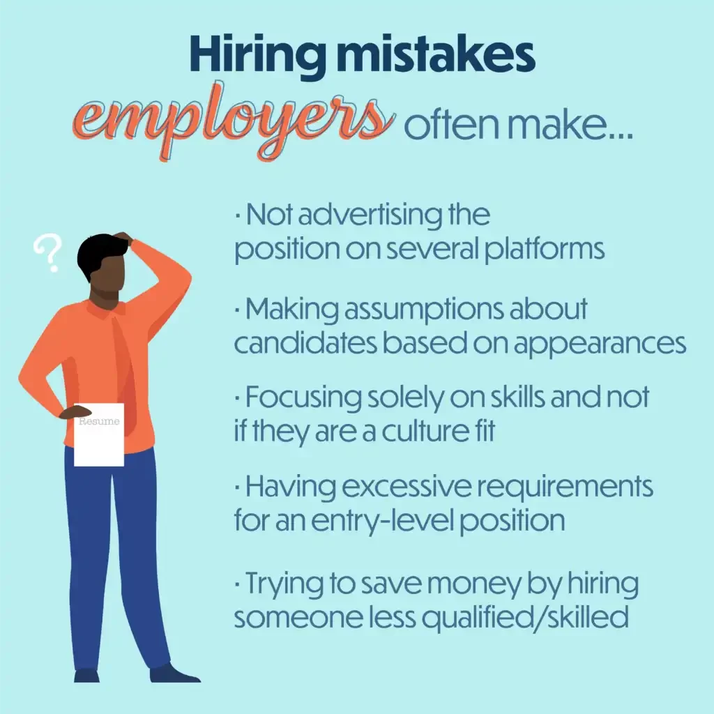 Job candidate in orange shirt and blue pants looking confused. Text “Hiring mistakes employers often make”