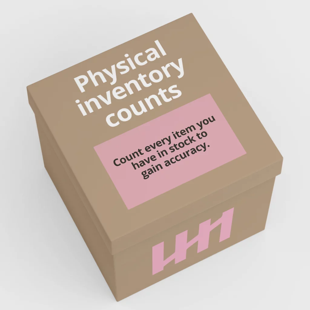 Cardboard box in gray room says that “Physical inventory counts. Count every item you have in stock to gain accuracy.” The side of the box has tally marks. 