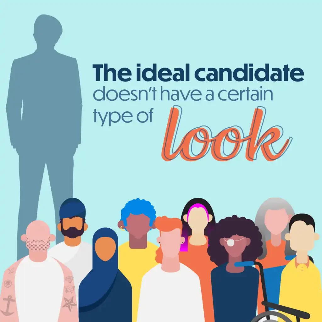 Diverse group of people standing together with the text “the ideal candidate doesn’t have a certain type of look”. 