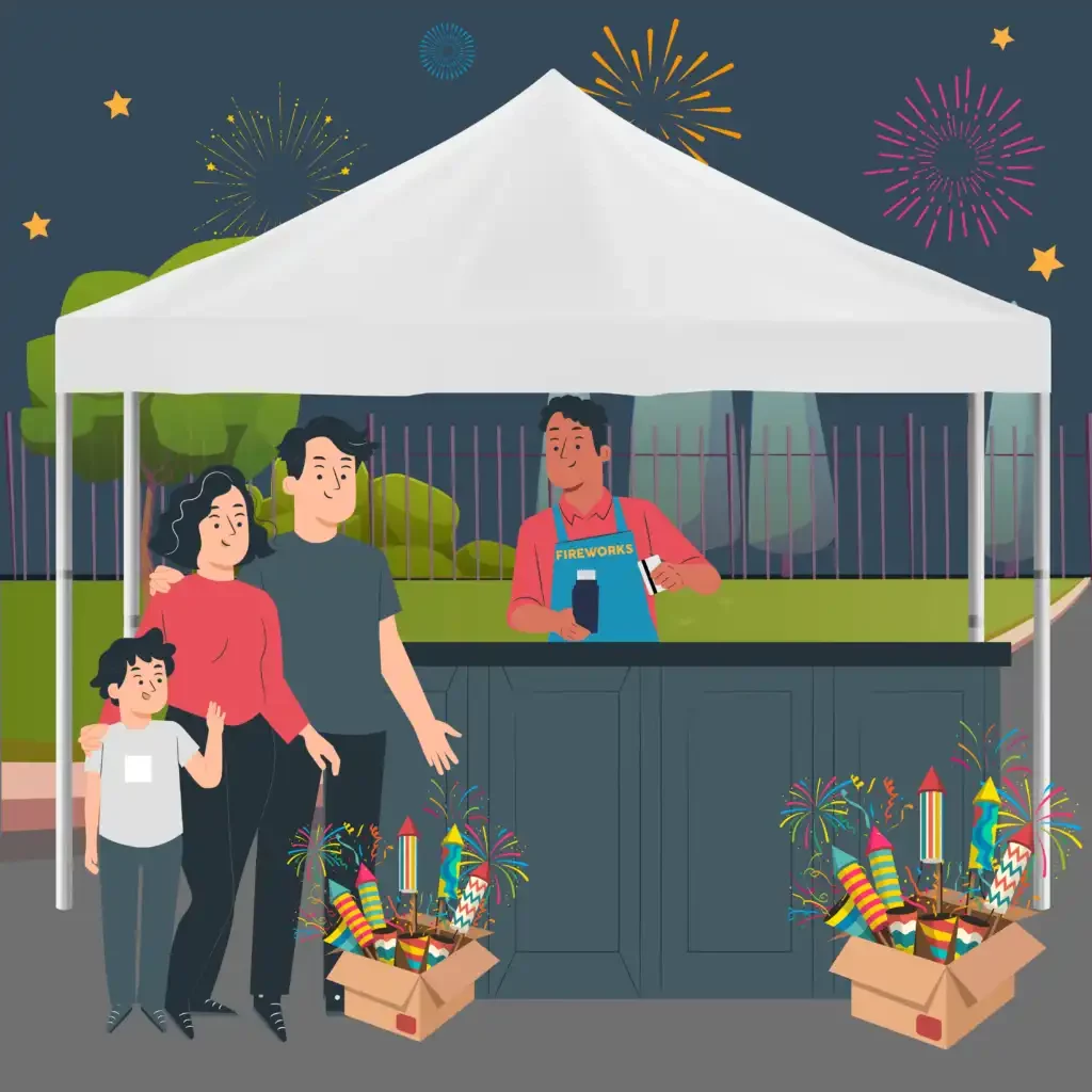 Fireworks stand on the side of the road takes card payment from family purchasing fireworks