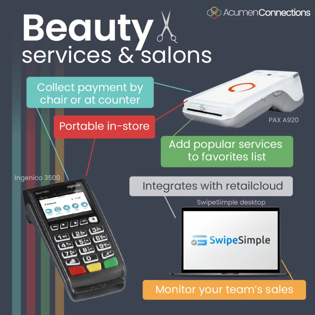 We have a few recommendations for payment processing and credit card machines for beauty shops and salons. Here we highlight Ingenico, PAX, and Swipe Simple. Callouts explain the various POS system features, (as listed below).