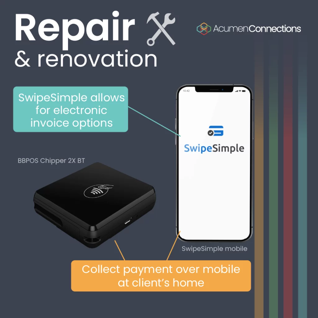 We have a few recommendations for payment processing and credit card machines for repair and renovation providers. Here we highlight a few mobile POS systems (or MPOS) that can help you seamlessly accept payment when you’re working from a client’s home. Callouts explain the various MPOS system features, (as listed below).