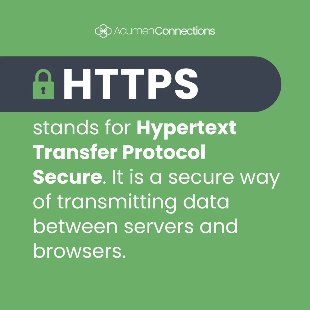 A green lock icon sits next to the letters “HTTPS”. Graphic explains what HTTPS is and defines it as the abbreviation for Hypertext Transfer Protocol Secure and explains that it is a secure way of transmitting data between servers and browsers.