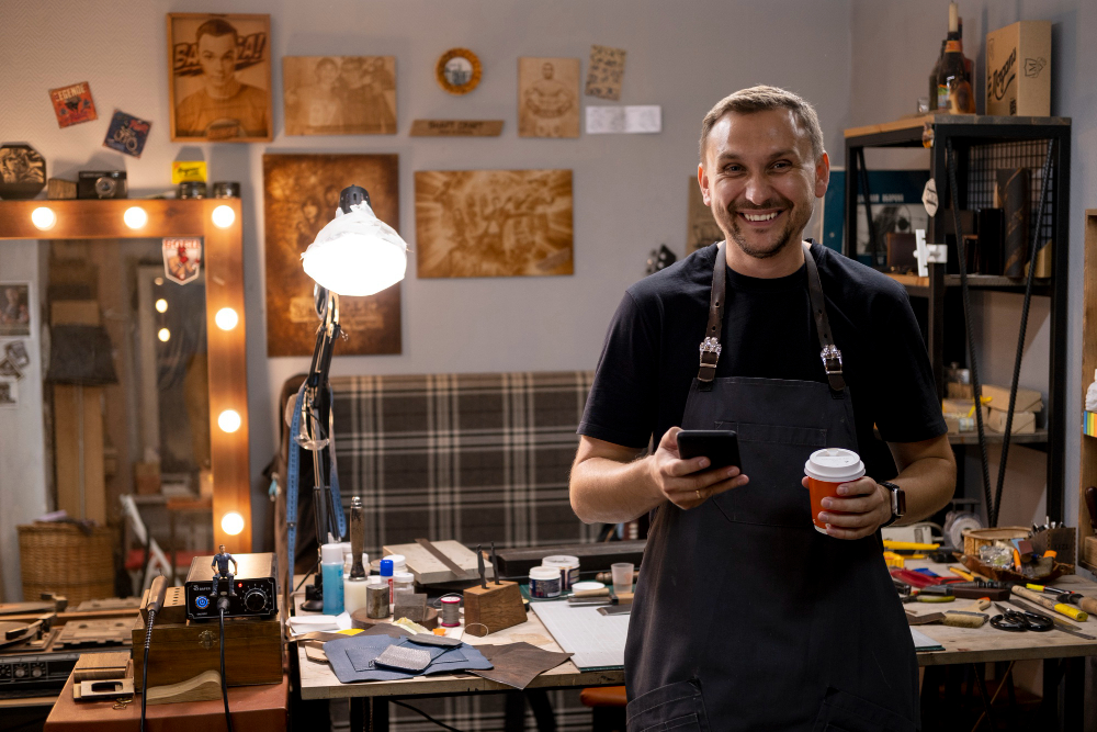 Man with facial hair is wearing dark apron is holding his phone in his right hand while the other hand is grabbing a red beverage cup. He is also smiling and is wearing a wristwatch on his left hand. He is standing in front of a work desk that has several objects strewn across it. A table lamp can be seen on this desk and part of a mirror with lights on the frame is in the background. The background wall also displays several pictures.