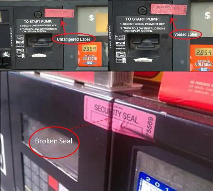 Three separate images showing an untampered label, a voided label, and a broken security seal at a gas pump. Image cluster is intended to show how to spot a tampered security seal.