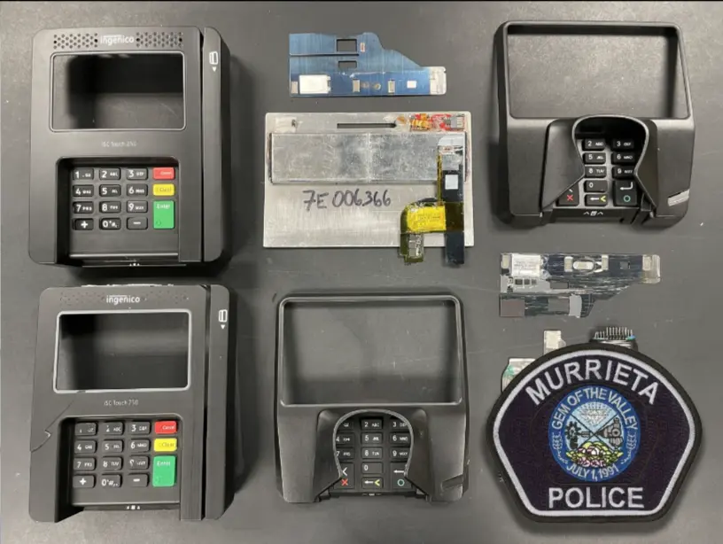 Sourced from Murrieta Police, this image shows several confiscated credit card skimmers. 