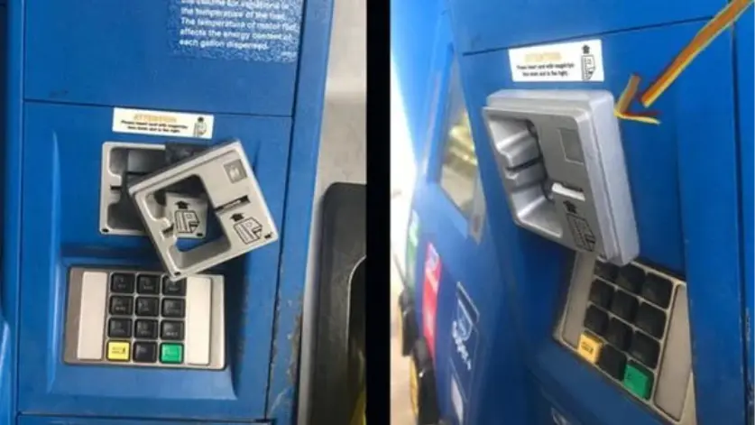 Two images shown side-by-side show a comparison of a credit card skimmer in-place, and then moved to the side.